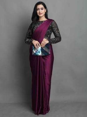 modern satin plain saree with designer blouse